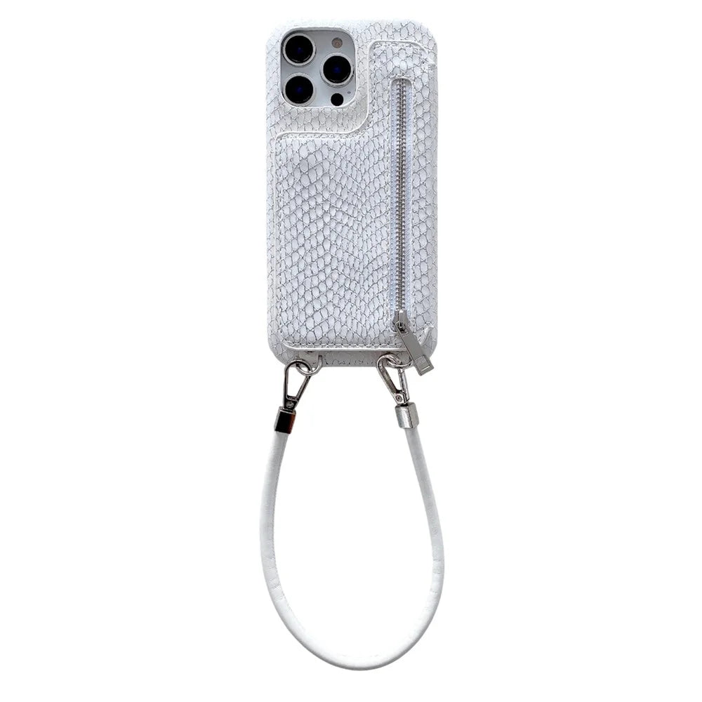 For iPhone 16 Pro Max Case Zipper Card Holder Mirror Snake Texture PU + PC Back Cover with Lanyard - White - 1