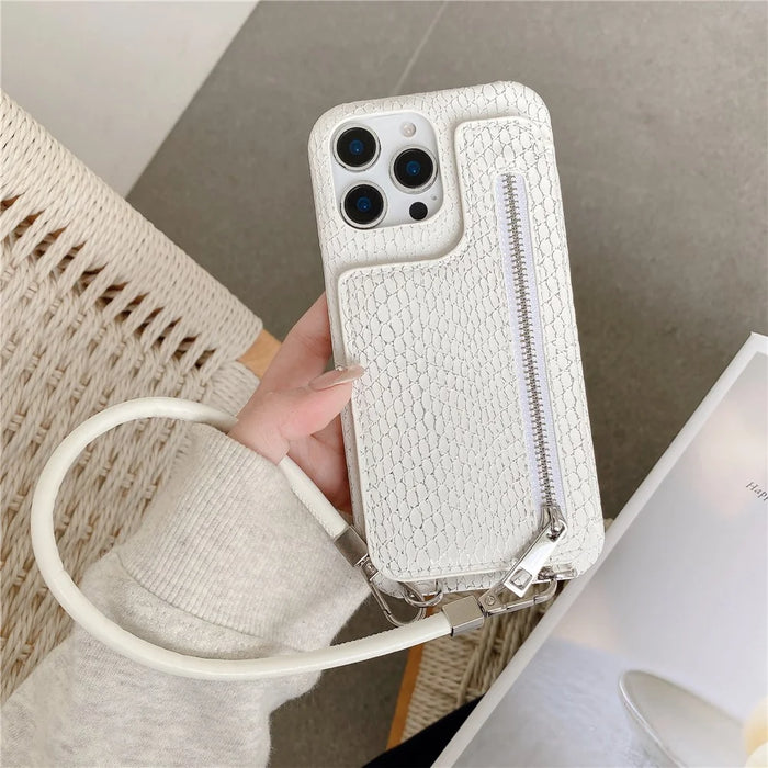For iPhone 16 Pro Max Case Zipper Card Holder Mirror Snake Texture PU + PC Back Cover with Lanyard - White - 2