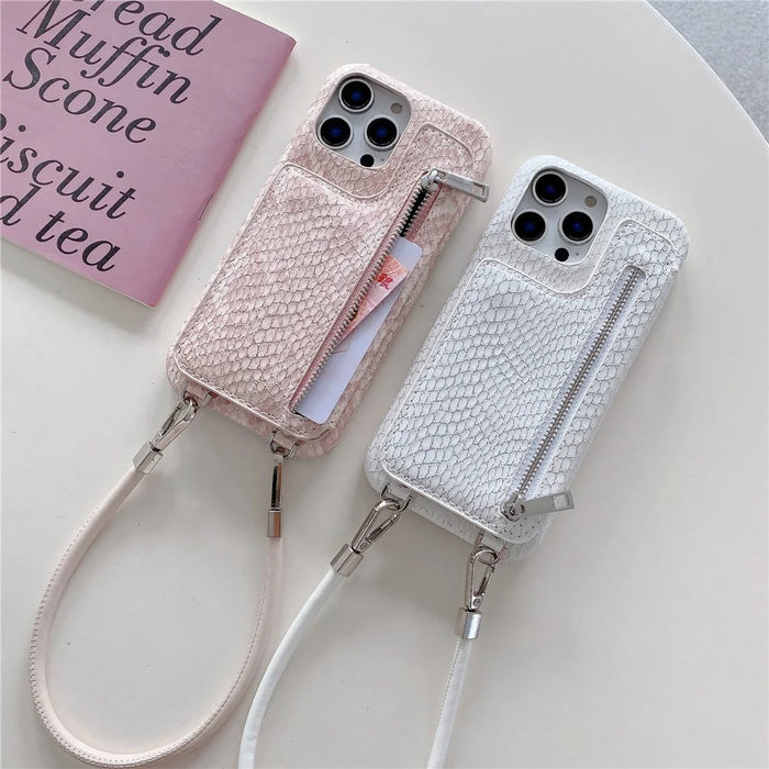For iPhone 16 Pro Max Case Zipper Card Holder Mirror Snake Texture PU + PC Back Cover with Lanyard - White - 3