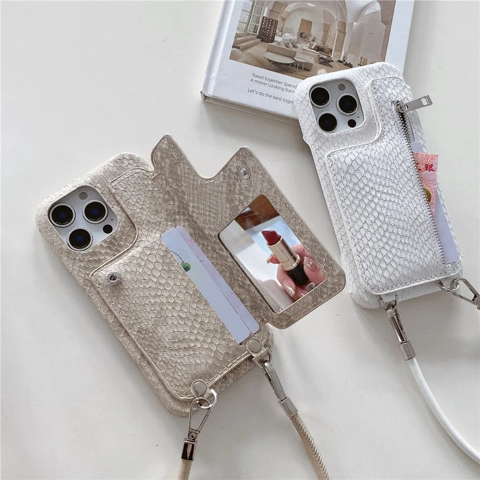 For iPhone 16 Pro Max Case Zipper Card Holder Mirror Snake Texture PU + PC Back Cover with Lanyard - White - 4