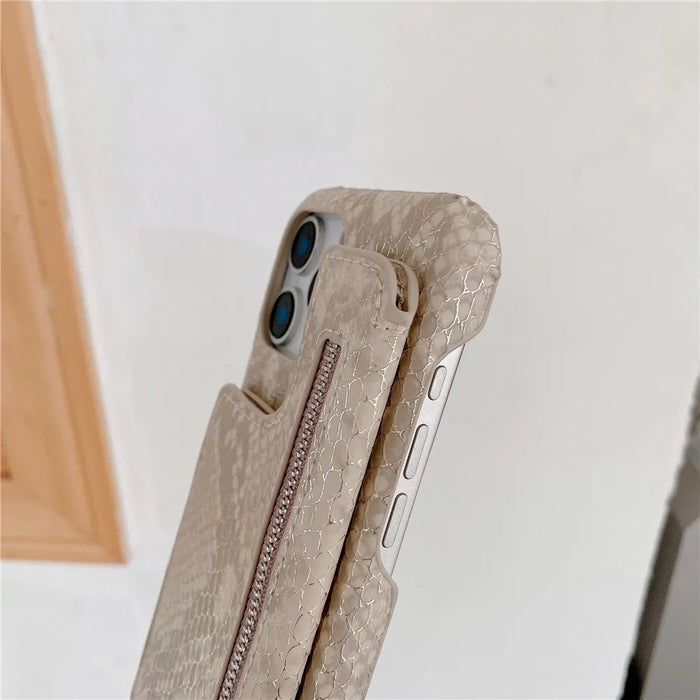 For iPhone 16 Pro Max Case Zipper Card Holder Mirror Snake Texture PU + PC Back Cover with Lanyard - White - 5