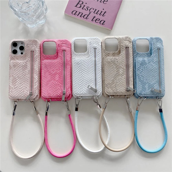 For iPhone 16 Pro Max Case Zipper Card Holder Mirror Snake Texture PU + PC Back Cover with Lanyard - White - 7
