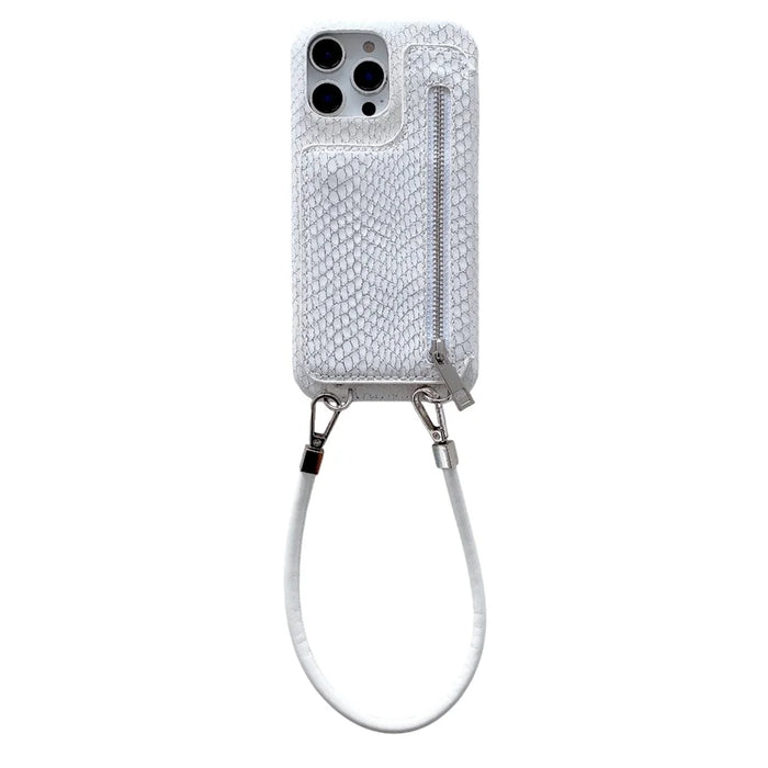 For iPhone 16 Pro Case Zipper Card Holder Mirror Snake Texture PU + PC Back Cover with Lanyard - White - 1