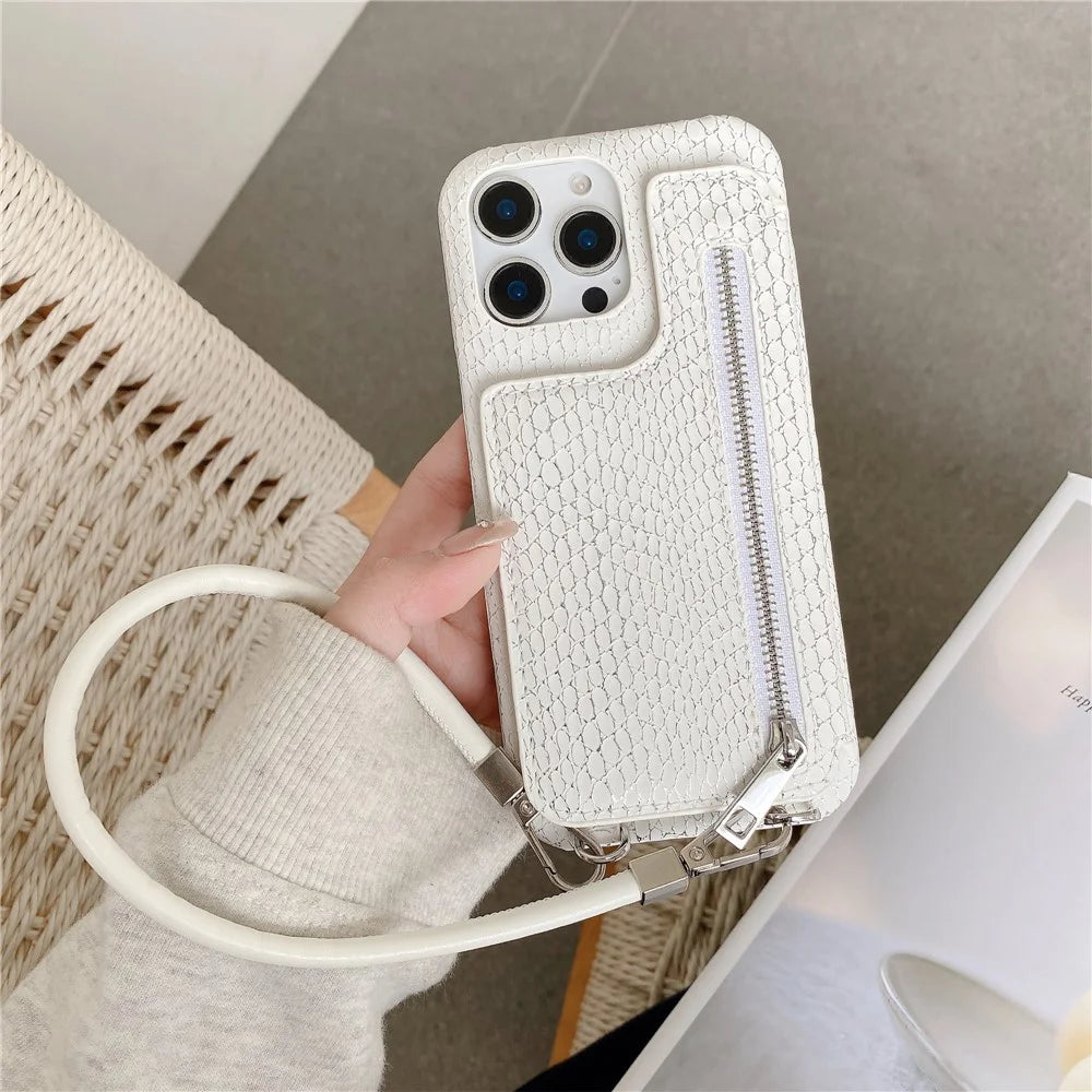 For iPhone 15 Pro Max Case Zipper Card Holder Mirror Snake Texture PU + PC Back Cover with Lanyard - White - 2
