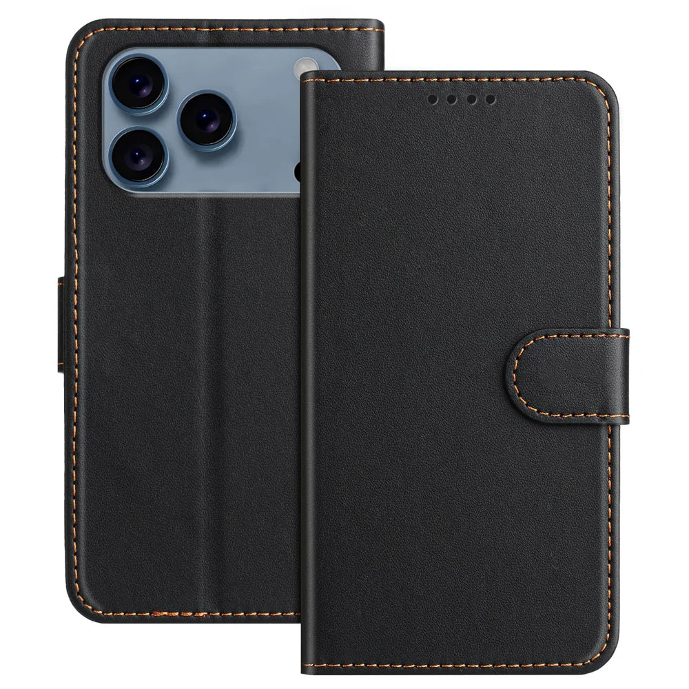 For iPhone 18 Pro Max / 17 Pro Max Leather Case Wallet Stand Solid Color Anti Drop Phone Cover - Black - 1