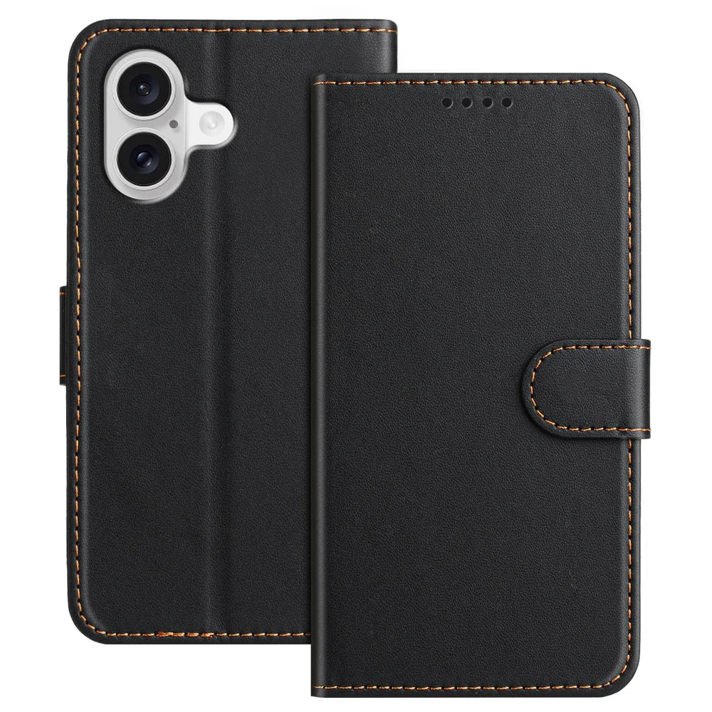 For iPhone 17 Leather Case Wallet Stand Solid Color Anti Drop Phone Cover - Black - 1