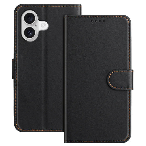 For iPhone 17 Leather Case Wallet Stand Solid Color Anti Drop Phone Cover - Black - 1