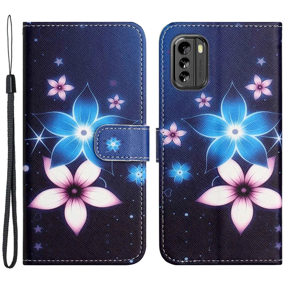 For Nokia G60 5G Cross Texture PU Leather Drop-proof Cover 3D Pattern Printing Foldable Stand Wallet Case - Blue Flower - 1