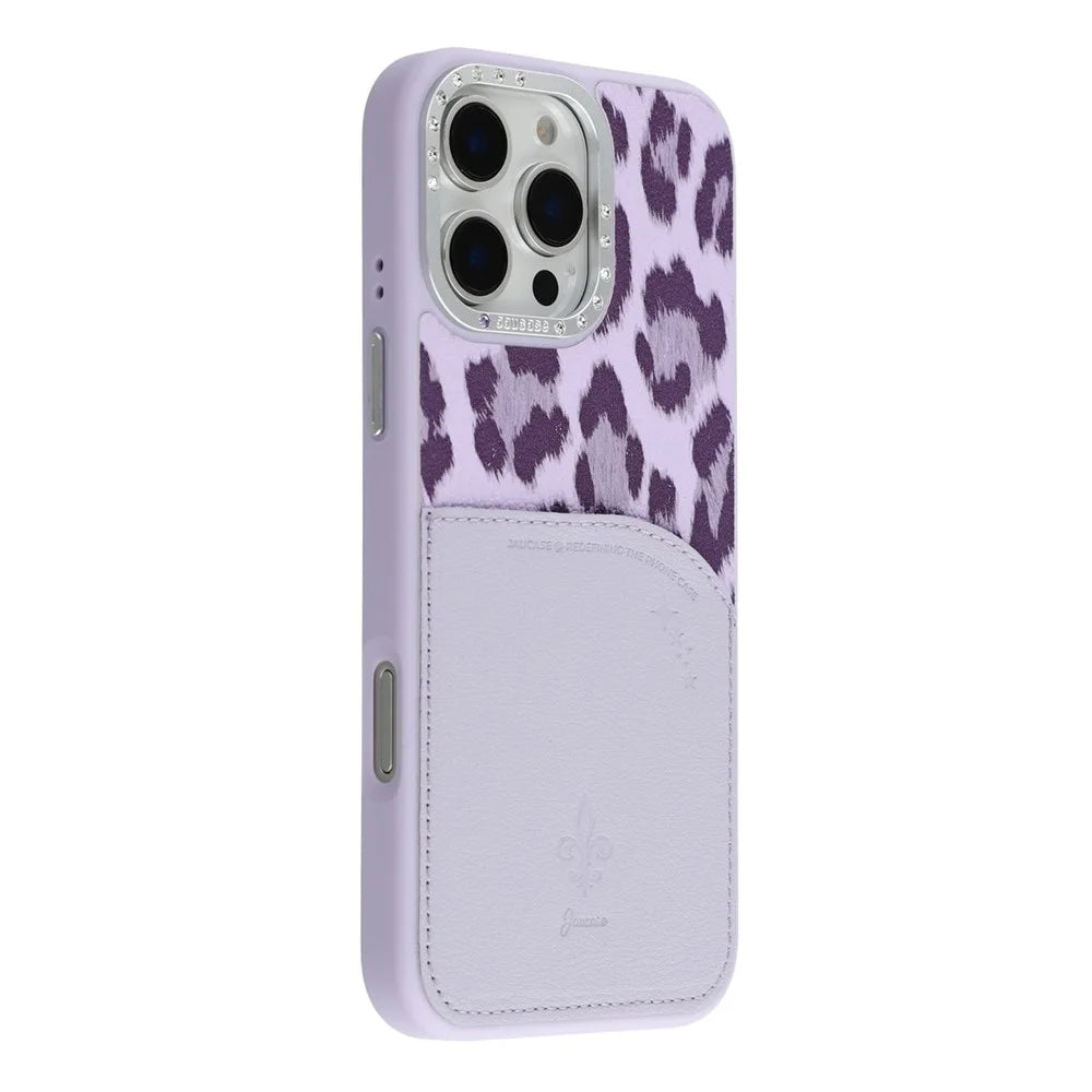 JAUCASE For iPhone 16 Pro Magnetic Case Leopard Print Card Holder PU TPU PC Phone Back Cover - Purple - 1