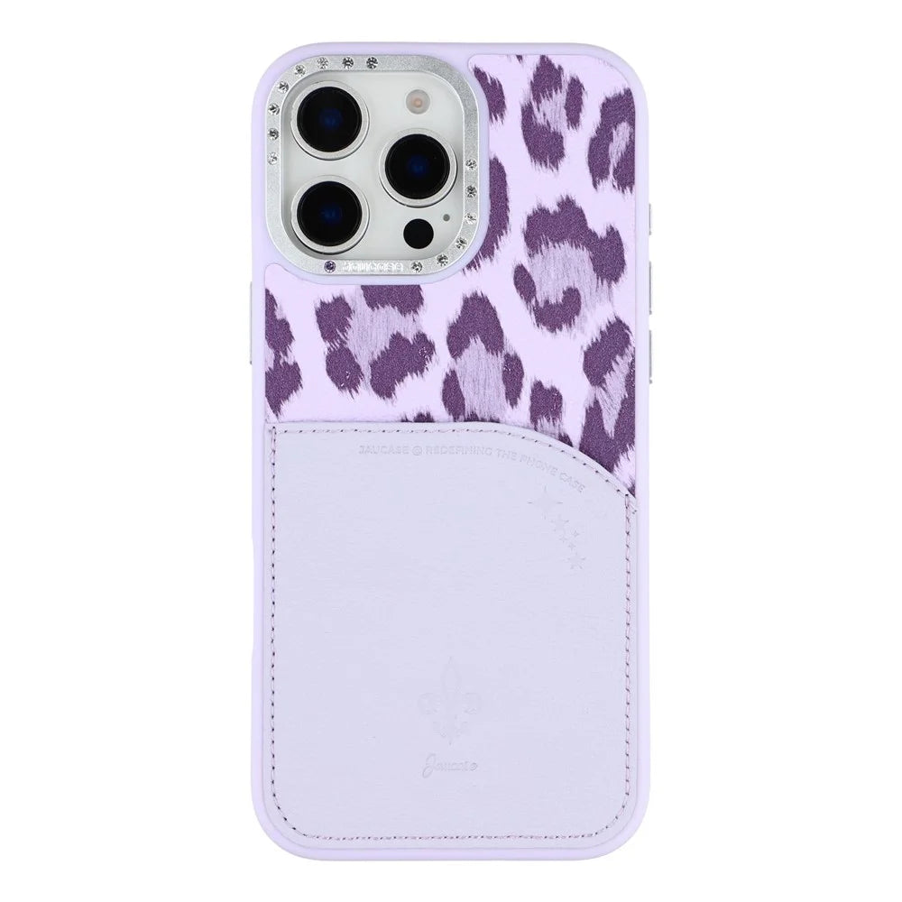 JAUCASE For iPhone 16 Pro Magnetic Case Leopard Print Card Holder PU TPU PC Phone Back Cover - Purple - 3