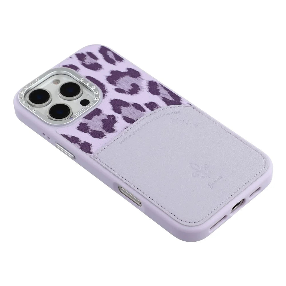JAUCASE For iPhone 16 Pro Magnetic Case Leopard Print Card Holder PU TPU PC Phone Back Cover - Purple - 4