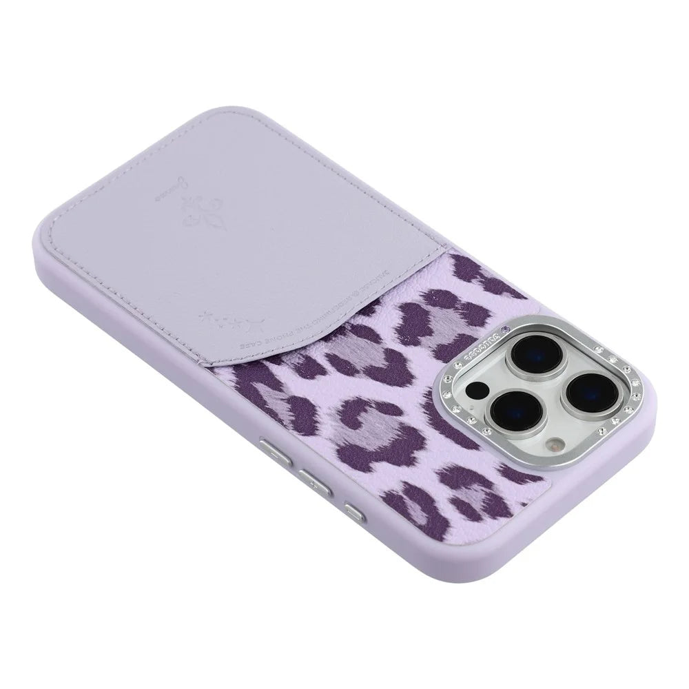 JAUCASE For iPhone 16 Pro Magnetic Case Leopard Print Card Holder PU TPU PC Phone Back Cover - Purple - 5