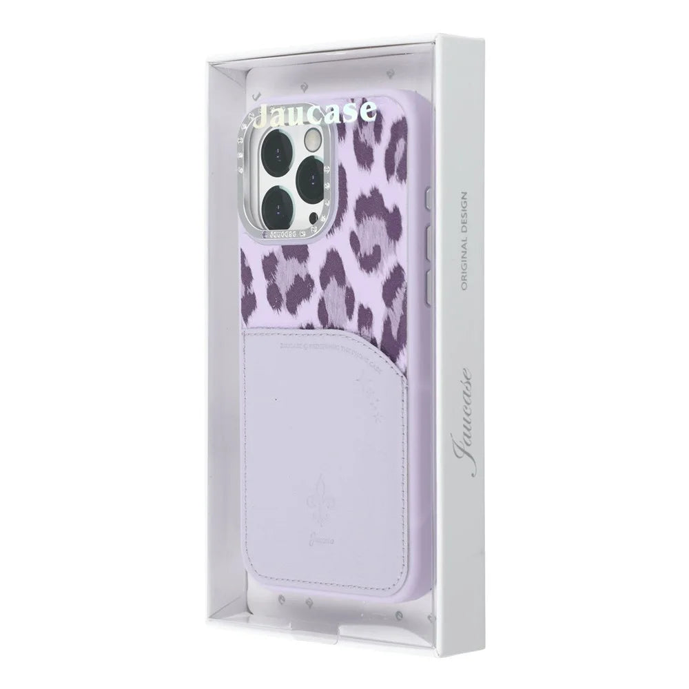 JAUCASE For iPhone 16 Pro Magnetic Case Leopard Print Card Holder PU TPU PC Phone Back Cover - Purple - 7