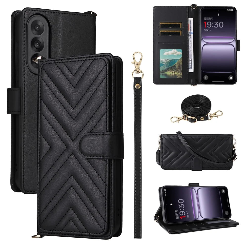 For OnePlus Nord 5 5G / Ace 5 Ultra 5G Case with Shoulder / Wrist Strap Leather Phone Cover Stand Wallet - Black - 1