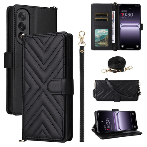 For OnePlus Nord 5 5G / Ace 5 Ultra 5G Case with Shoulder / Wrist Strap Leather Phone Cover Stand Wallet - Black - 1