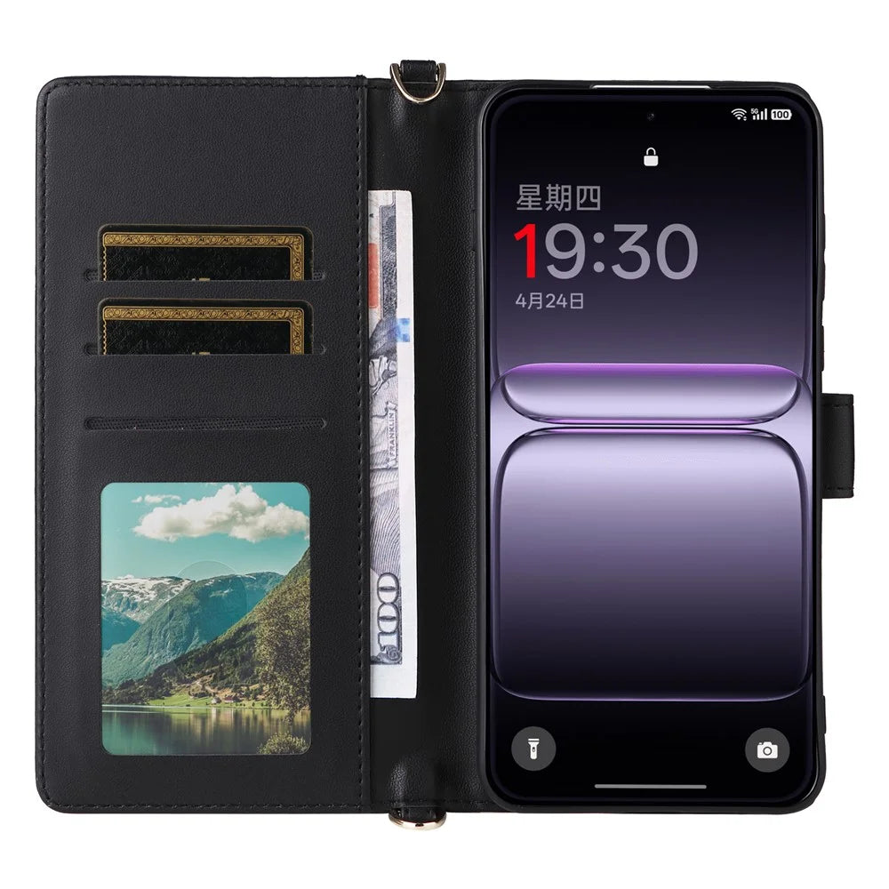 For OnePlus Nord 5 5G / Ace 5 Ultra 5G Case with Shoulder / Wrist Strap Leather Phone Cover Stand Wallet - Black - 2