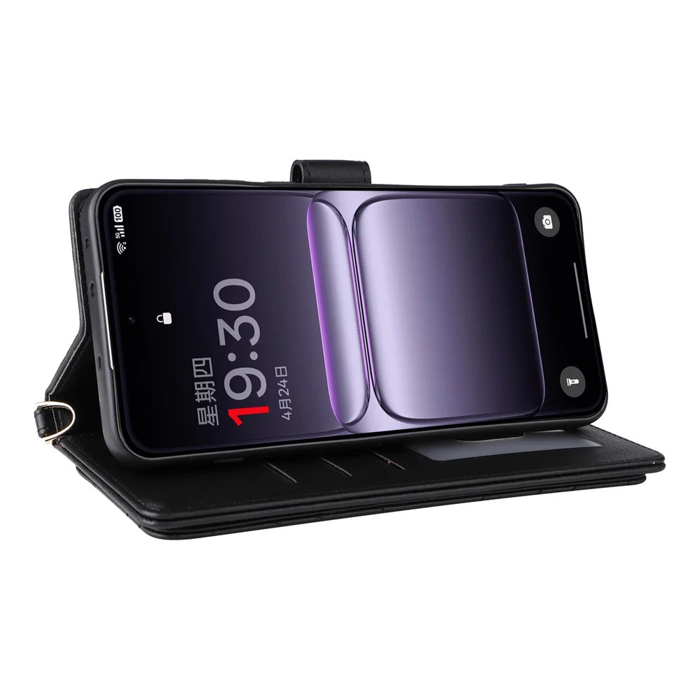 For OnePlus Nord 5 5G / Ace 5 Ultra 5G Case with Shoulder / Wrist Strap Leather Phone Cover Stand Wallet - Black - 3