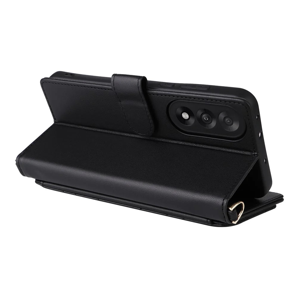 For OnePlus Nord 5 5G / Ace 5 Ultra 5G Case with Shoulder / Wrist Strap Leather Phone Cover Stand Wallet - Black - 4