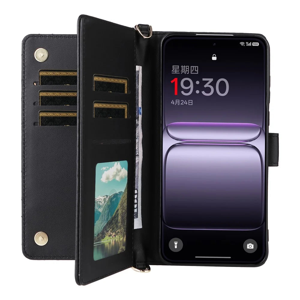 For OnePlus Nord 5 5G / Ace 5 Ultra 5G Case with Shoulder / Wrist Strap Leather Phone Cover Stand Wallet - Black - 5