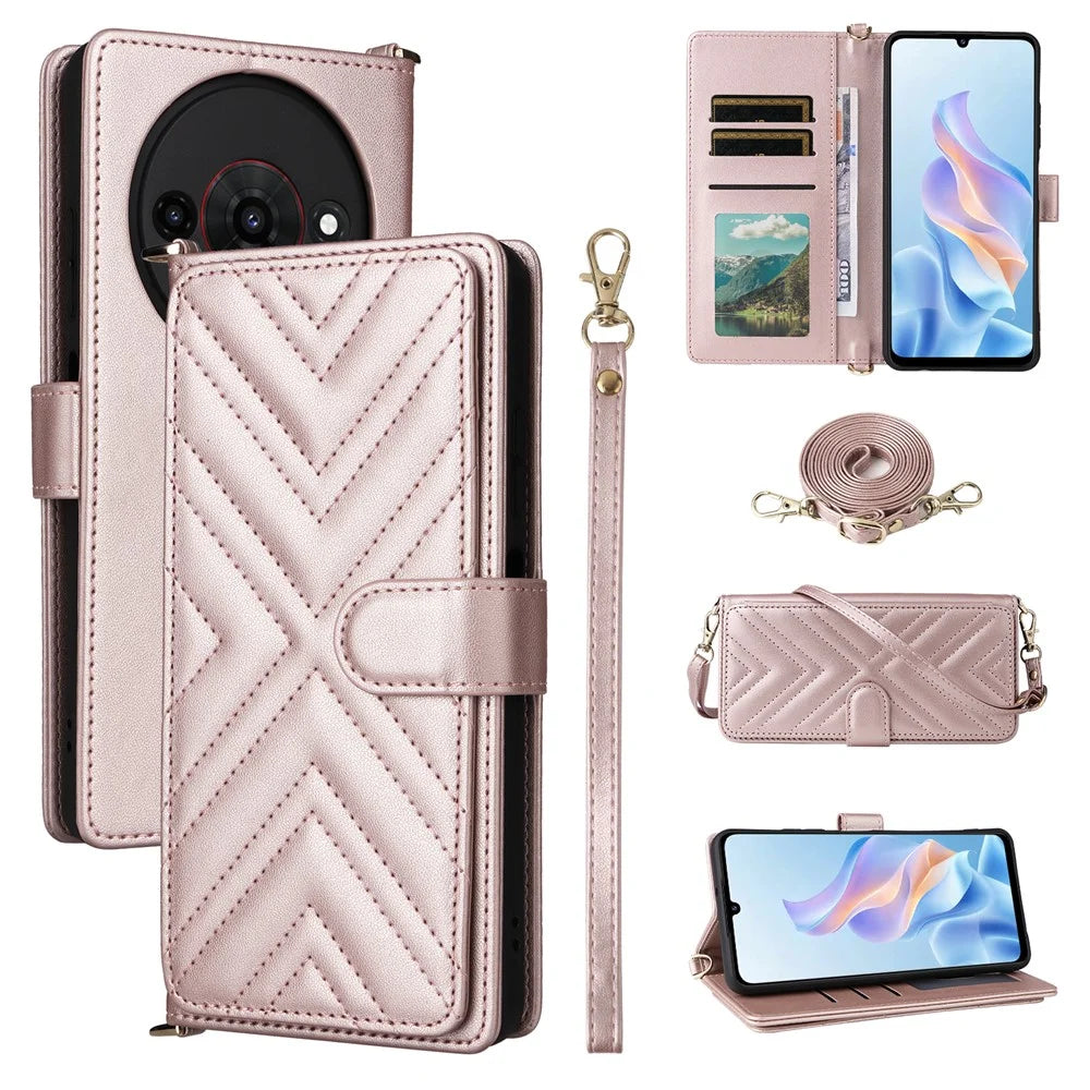 For ZTE Blade A76 5G Case with Shoulder / Wrist Strap Leather Phone Cover Stand Wallet - Pink - 1