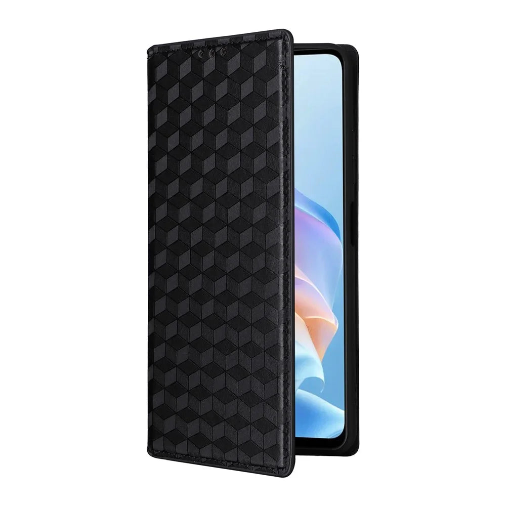 For ZTE Blade A76 5G Case Wallet Rhombus Imprinted Leather Phone Cover - Black - 5