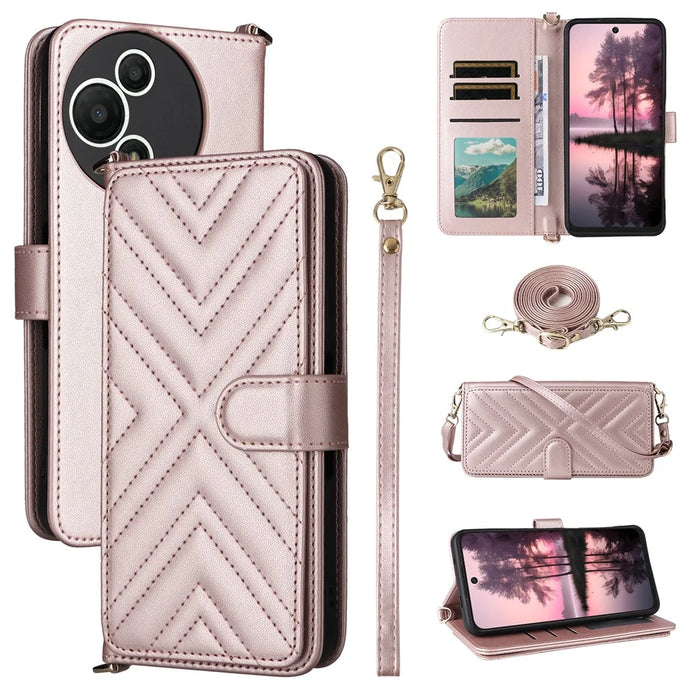 For TCL 60 SE NxtPaper 5G Case with Shoulder / Wrist Strap Leather Phone Cover Stand Wallet - Pink - 1