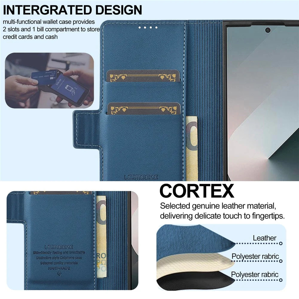 LC.IMEEKE L1 Series for Samsung Galaxy Z Fold7 5G Case PU Leather Wallet Stand Protective Phone Cover - Blue - 5