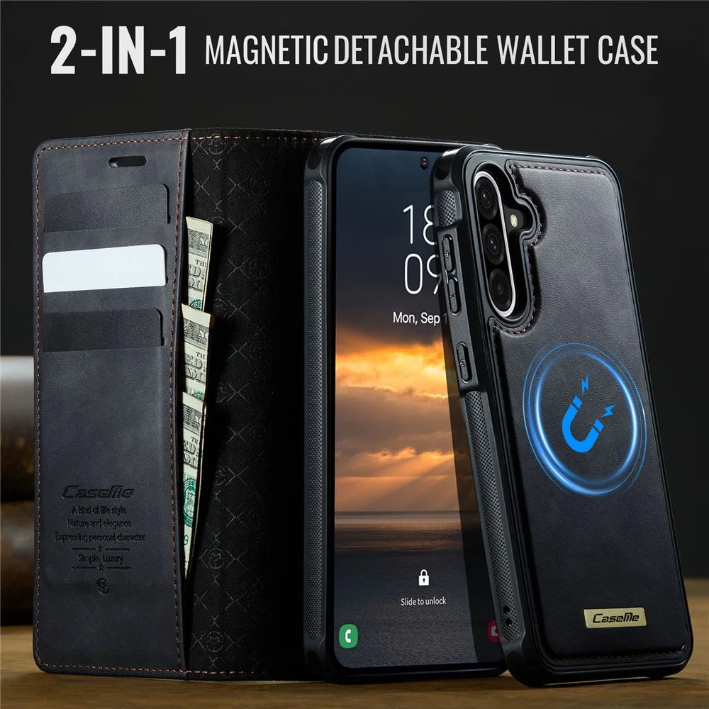 CASEME C49 For Samsung Galaxy A56 5G Magnetic Case RFID Blocking Detachable Wallet Leather Phone Cover - Black - 5