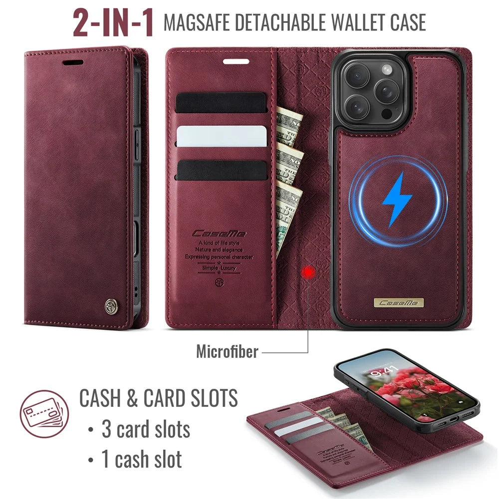 CASEME C49 For iPhone 16 Pro Max Case Compatible with MagSafe RFID Blocking Detachable Wallet Leather Phone Cover - Red - 2