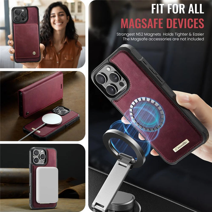 CASEME C49 For iPhone 16 Pro Max Case Compatible with MagSafe RFID Blocking Detachable Wallet Leather Phone Cover - Red - 3