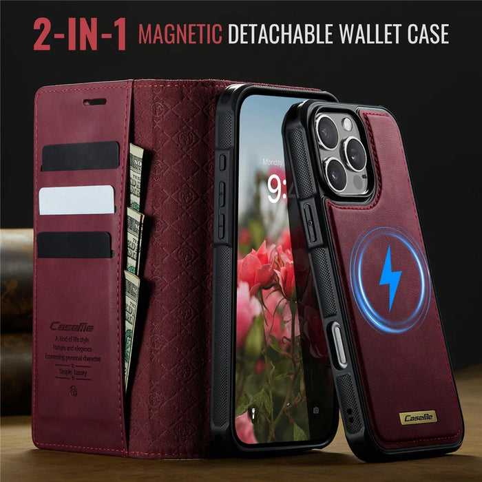 CASEME C49 For iPhone 16 Pro Max Case Compatible with MagSafe RFID Blocking Detachable Wallet Leather Phone Cover - Red - 4