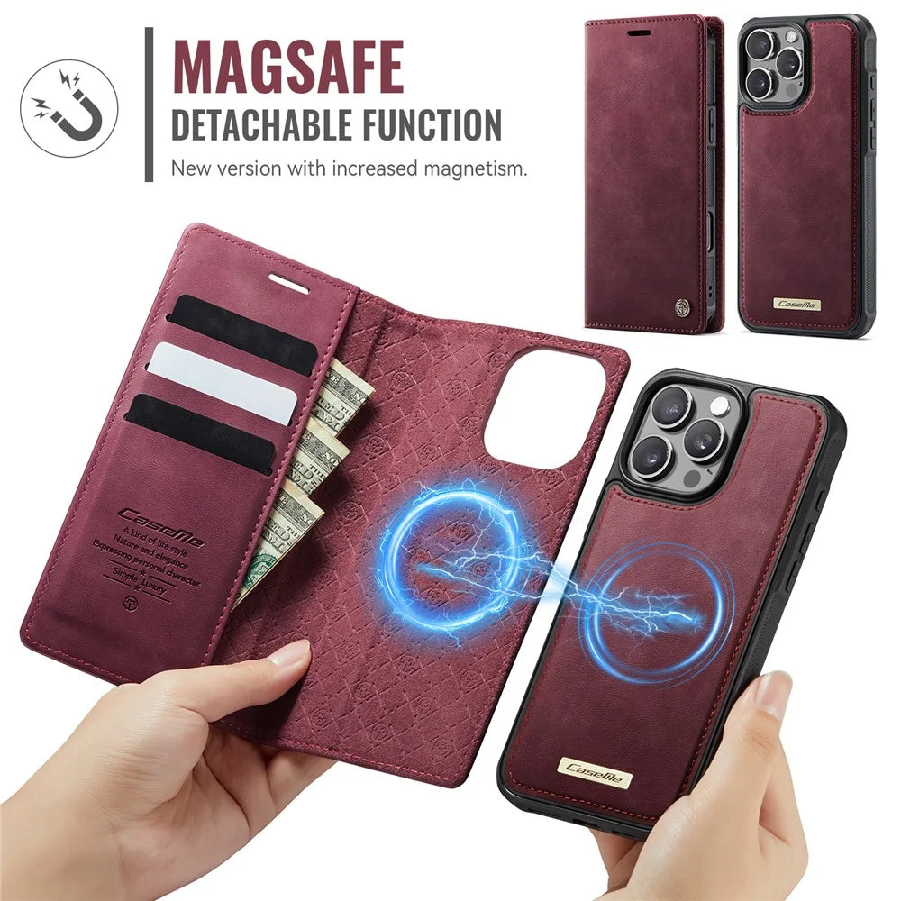 CASEME C49 For iPhone 16 Pro Max Case Compatible with MagSafe RFID Blocking Detachable Wallet Leather Phone Cover - Red - 6