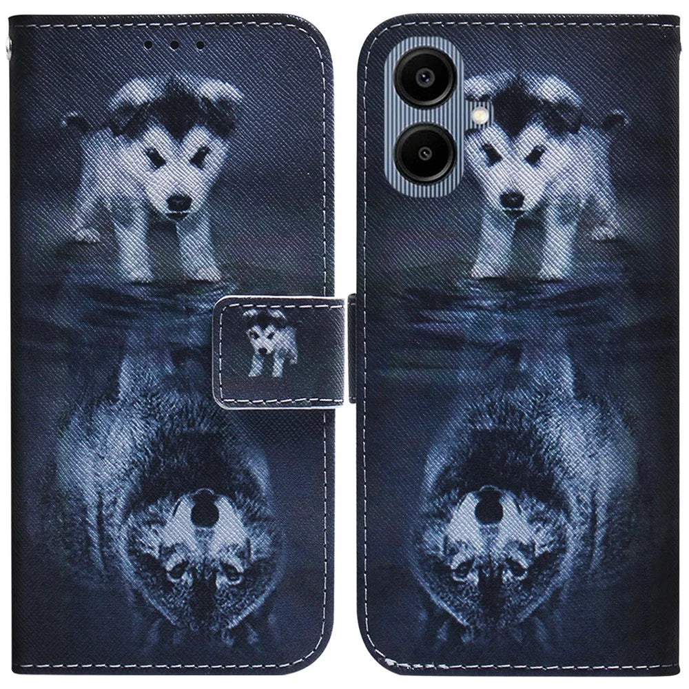 For Samsung Galaxy A08 5G / A08 4G / A07 5G / A07 4G / A06 5G / A06 4G Wallet Case Pattern Print Leather Phone Cover - Dog and Wolf - 1