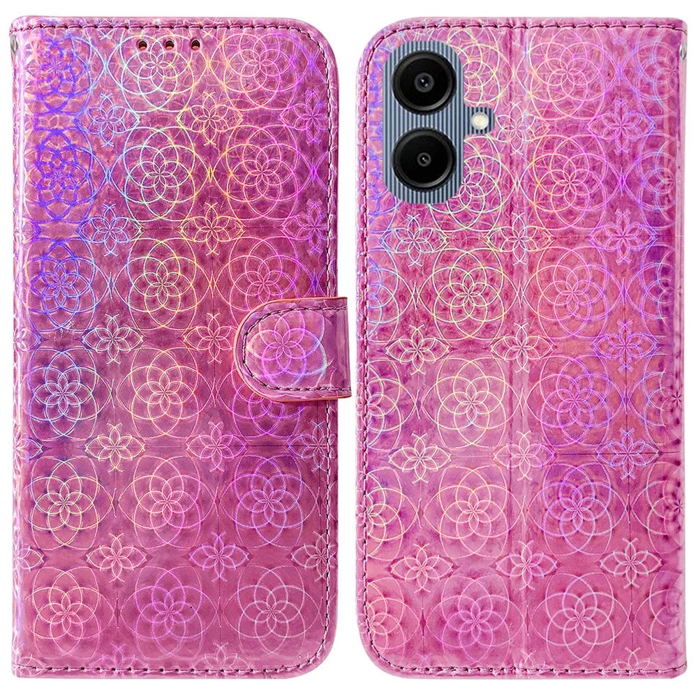 For Samsung Galaxy A08 5G / A08 4G / A07 5G / A07 4G / A06 5G / A06 4G Stand Case Dazzling Flower Leather Phone Cover with Wrist Strap - Pink - 1