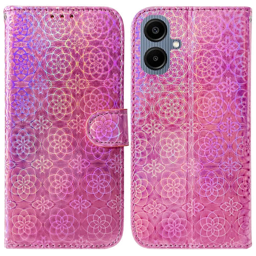 For Samsung Galaxy A08 5G / A08 4G / A07 5G / A07 4G / A06 5G / A06 4G Stand Case Dazzling Flower Leather Phone Cover with Wrist Strap - Pink - 1