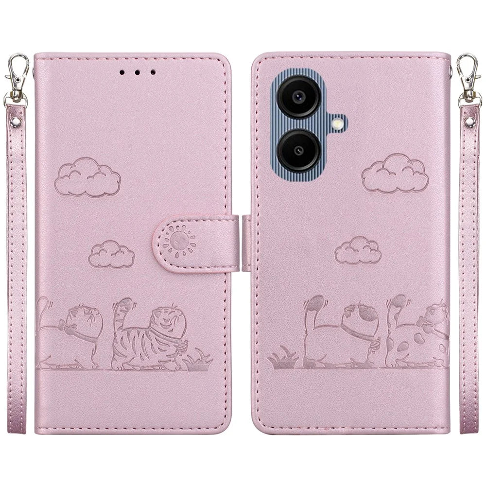 For Samsung Galaxy A08 5G / A08 4G / A07 5G / A07 4G / A06 5G / A06 4G Case RFID Blocking Kitten Pattern TPU + PU Leather Phone Cover with Wrist Strap - Pink - 1