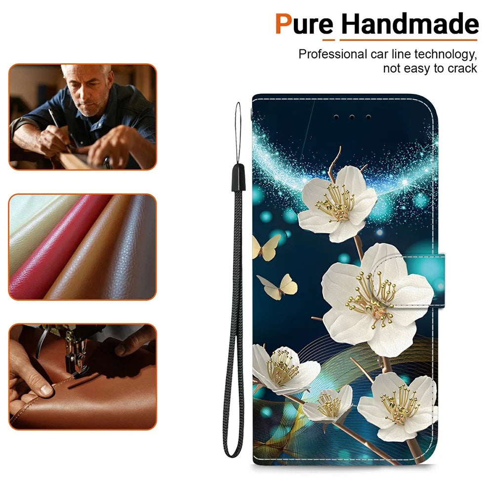 For Samsung Galaxy A08 5G / A08 4G / A07 5G / A07 4G / A06 5G / A06 4G Case Pattern Printing Leather Flip Wallet Phone Cover with Lanyard - Magnolia - 6
