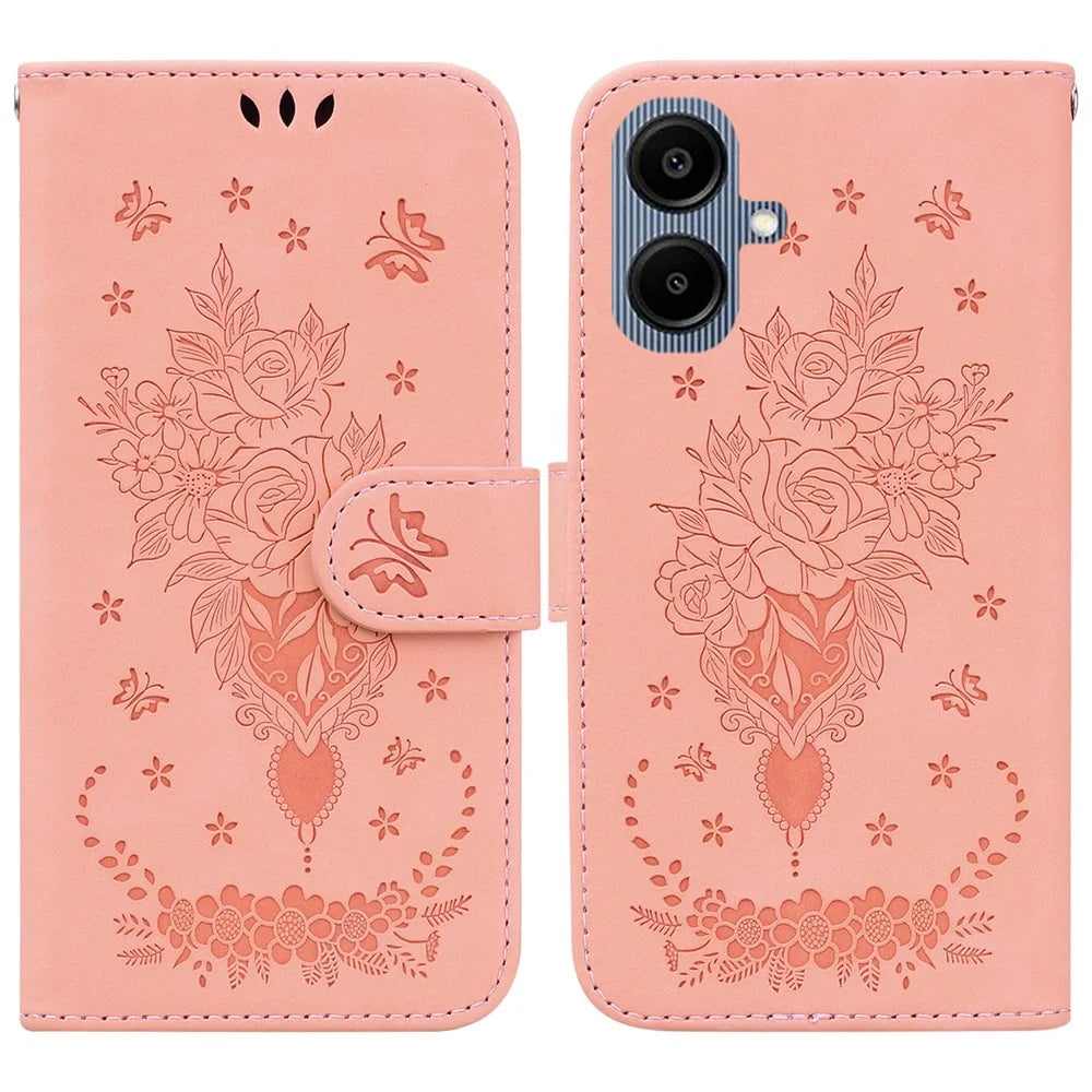 For Samsung Galaxy A08 5G / A08 4G / A07 5G / A07 4G / A06 5G / A06 4G Case Butterfly Flower Imprint PU Leather Wallet Phone Cover with Strap - Pink - 1