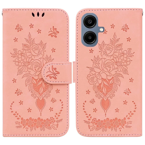 For Samsung Galaxy A08 5G / A08 4G / A07 5G / A07 4G / A06 5G / A06 4G Case Butterfly Flower Imprint PU Leather Wallet Phone Cover with Strap - Pink - 1