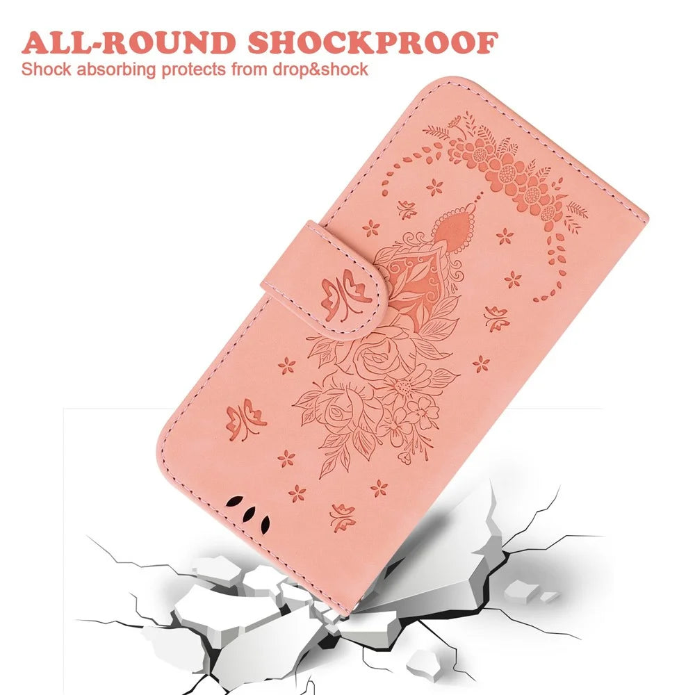 For Samsung Galaxy A08 5G / A08 4G / A07 5G / A07 4G / A06 5G / A06 4G Case Butterfly Flower Imprint PU Leather Wallet Phone Cover with Strap - Pink - 5