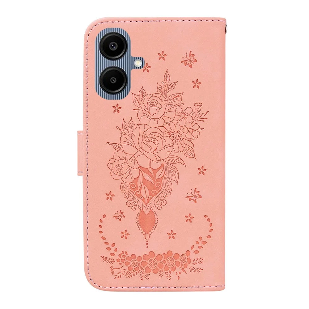 For Samsung Galaxy A08 5G / A08 4G / A07 5G / A07 4G / A06 5G / A06 4G Case Butterfly Flower Imprint PU Leather Wallet Phone Cover with Strap - Pink - 7
