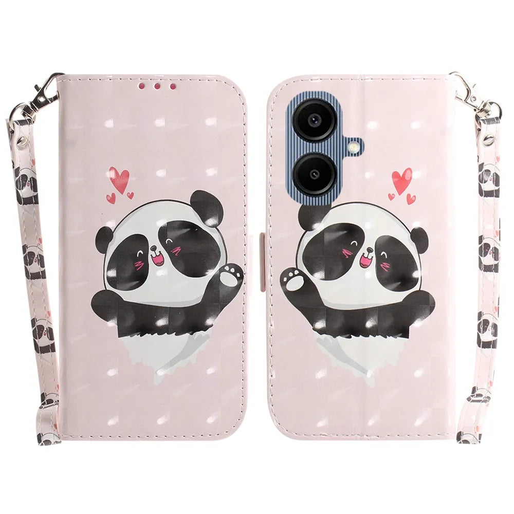 For Samsung Galaxy A08 5G / A08 4G / A07 5G / A07 4G / A06 5G / A06 4G Case Pattern Printing Leather Wallet Phone Cover with Wrist Strap - Love Heart Panda - 1