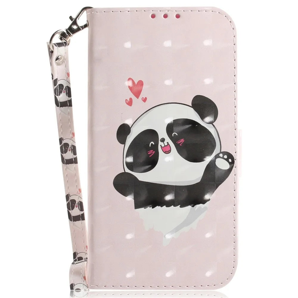 For Samsung Galaxy A08 5G / A08 4G / A07 5G / A07 4G / A06 5G / A06 4G Case Pattern Printing Leather Wallet Phone Cover with Wrist Strap - Love Heart Panda - 6