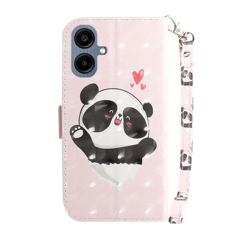 For Samsung Galaxy A08 5G / A08 4G / A07 5G / A07 4G / A06 5G / A06 4G Case Pattern Printing Leather Wallet Phone Cover with Wrist Strap - Love Heart Panda - 7