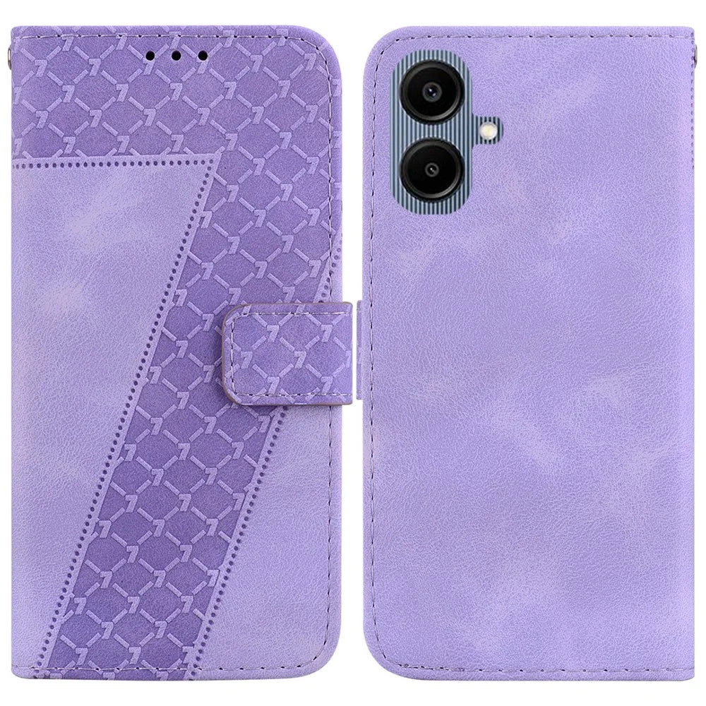 For Samsung Galaxy A08 5G / A08 4G / A07 5G / A07 4G / A06 5G / A06 4G Stand Case 7-Shaped Pattern Imprint Leather Phone Cover with Strap - Purple - 1
