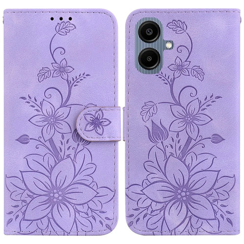 For Samsung Galaxy A08 5G / A08 4G / A07 5G / A07 4G / A06 5G / A06 4G Stand Case Lily Flower Imprint Leather Phone Cover with Wrist Strap - Purple - 1