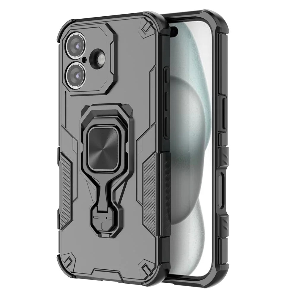 For iPhone 17 Case Rotatable Ring Kickstand PC + TPU Shockproof Phone Cover - Black - 4