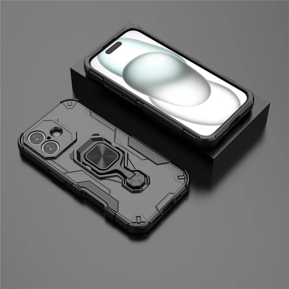 For iPhone 17 Case Rotatable Ring Kickstand PC + TPU Shockproof Phone Cover - Black - 6