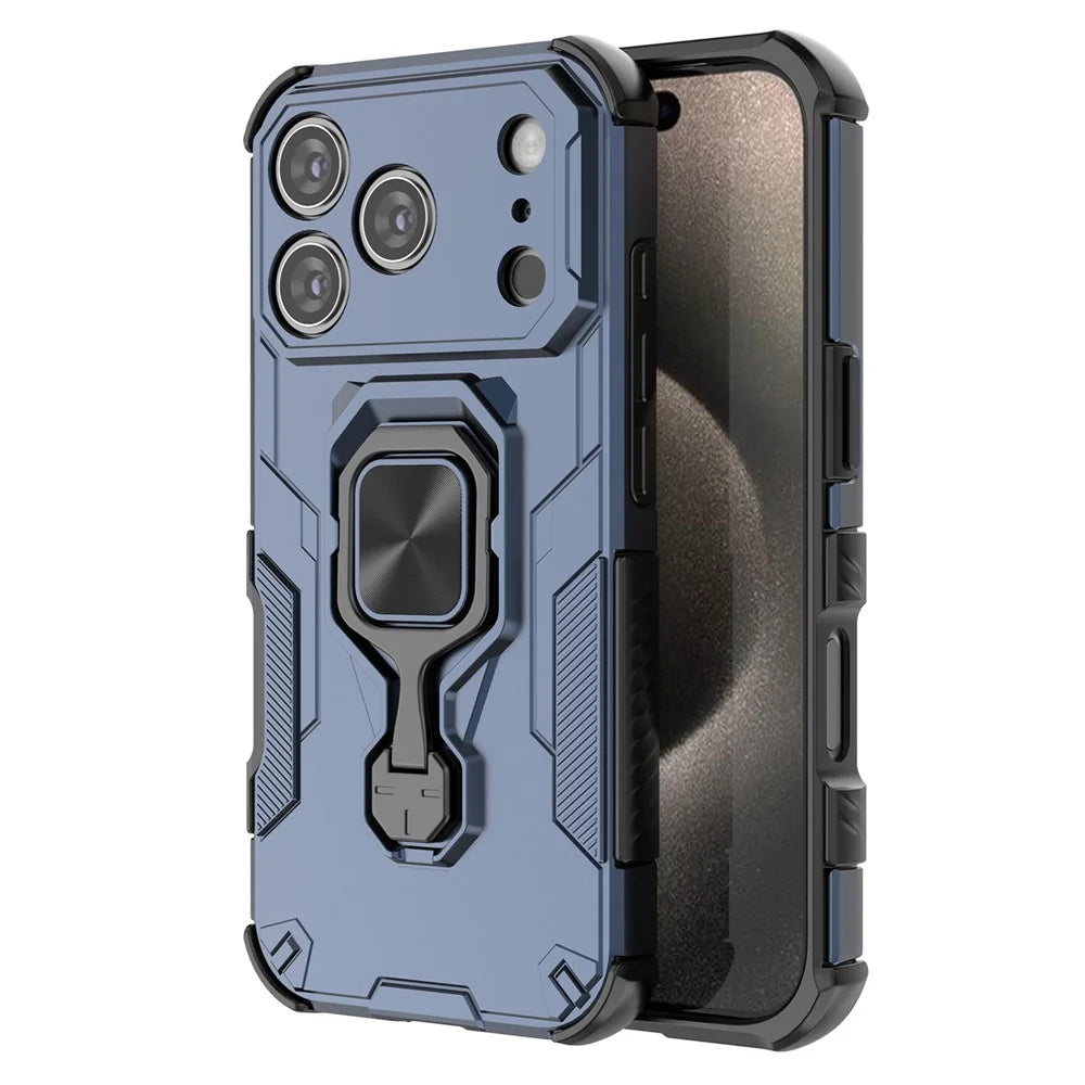 For iPhone 17 Pro Max Case Rotatable Ring Kickstand PC + TPU Shockproof Phone Cover - Navy Blue - 4