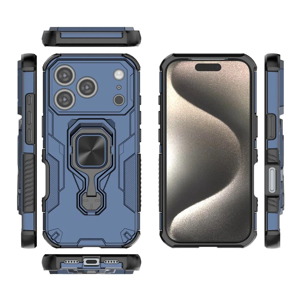 For iPhone 17 Pro Max Case Rotatable Ring Kickstand PC + TPU Shockproof Phone Cover - Navy Blue - 5